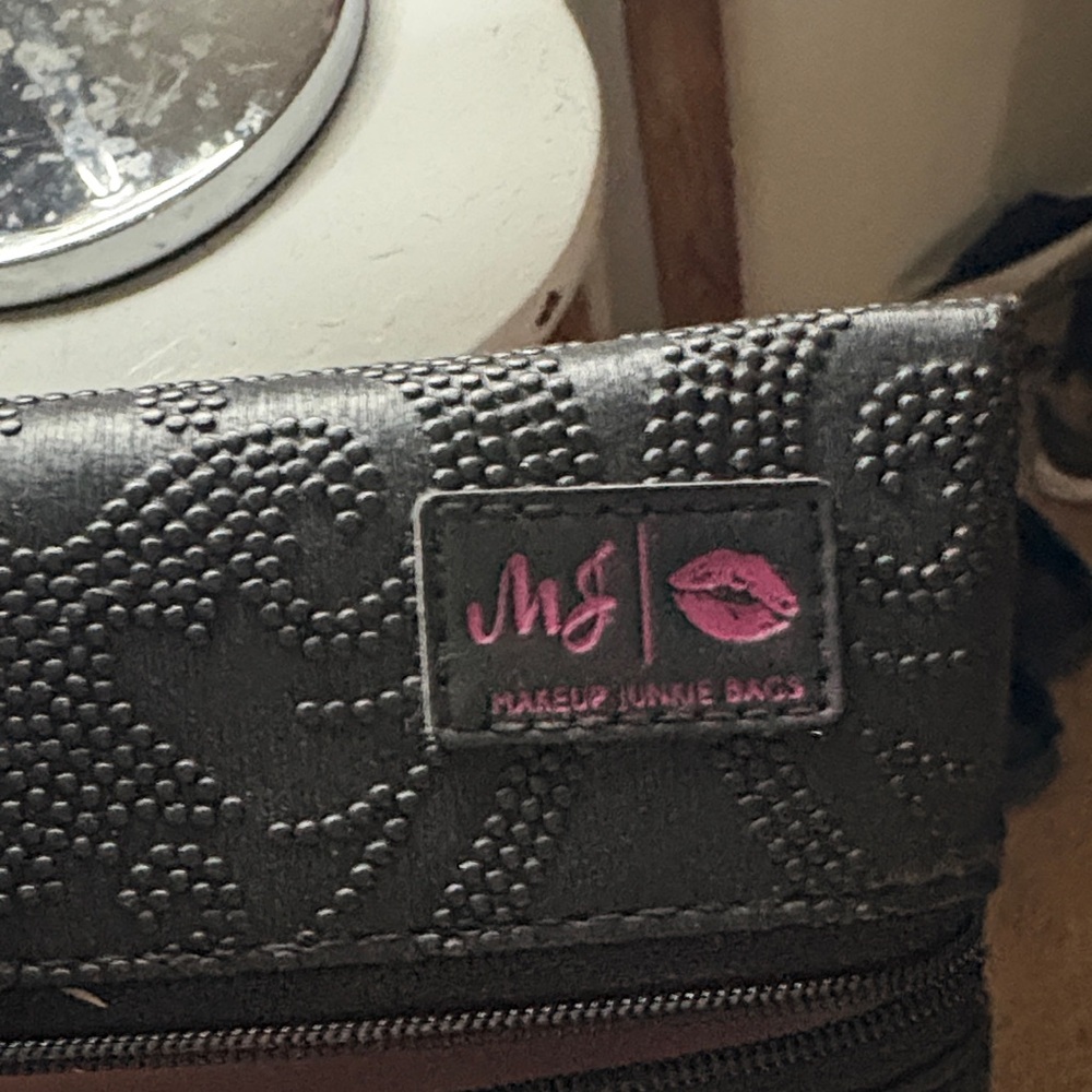 MJ Makeup Junkie Black Cosmetic Pouch with Pink Logo